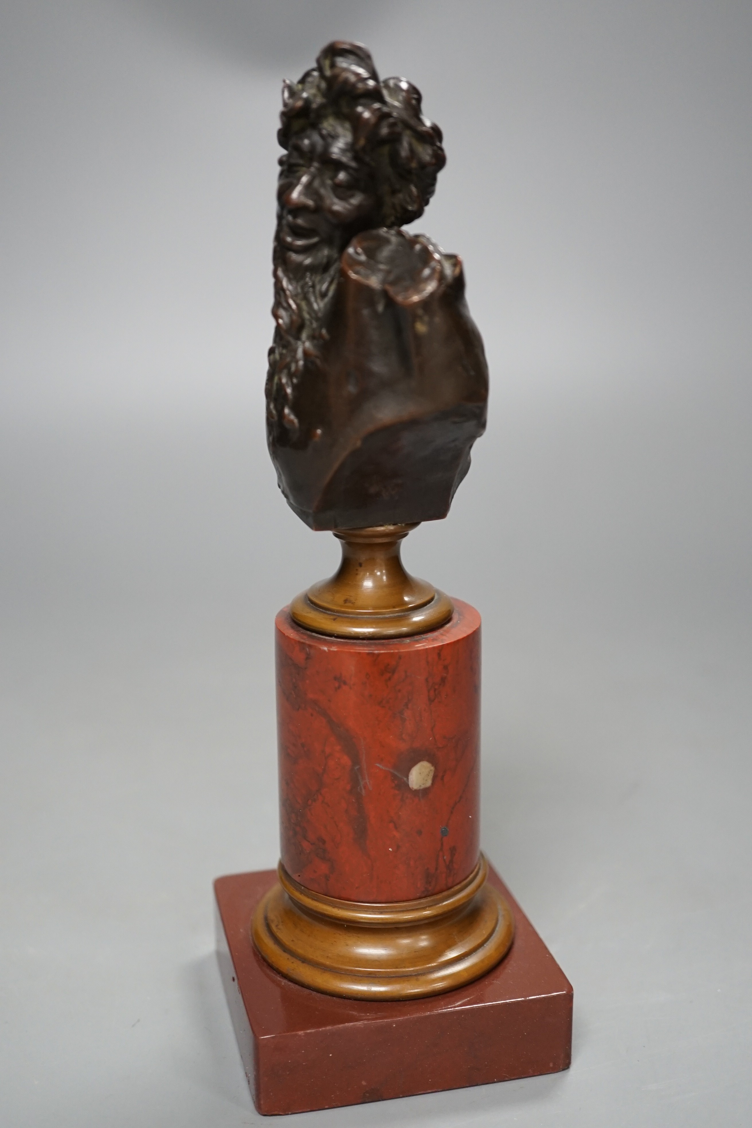 A bronze bust of Dionysus on a red marble stand circa 1900, 21cm